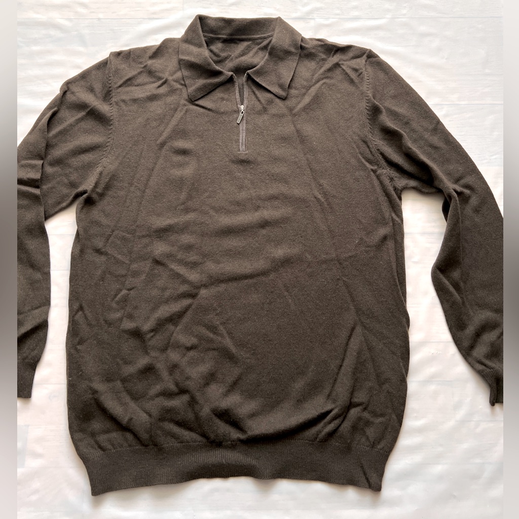 Cerruti 1881 Wool Cashmere Polo Sweater Brown Quarter Zip Leather Logo Size 54